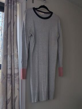 Boden Light Gray Sweater Dress with Black Neckline and Pink Cuffs